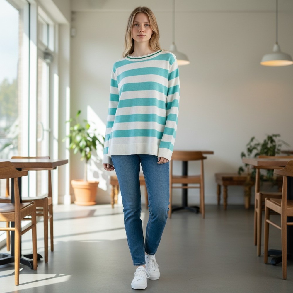 Talbots Sweater Womens PXL Blue White NEW Striped Crew Neck Long Sleeve Cotton